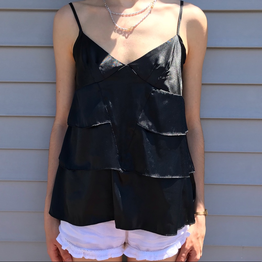 Necessary Objects Dressy Flowy Black Spaghetti Straps Ruffle Blouse Top Sz S